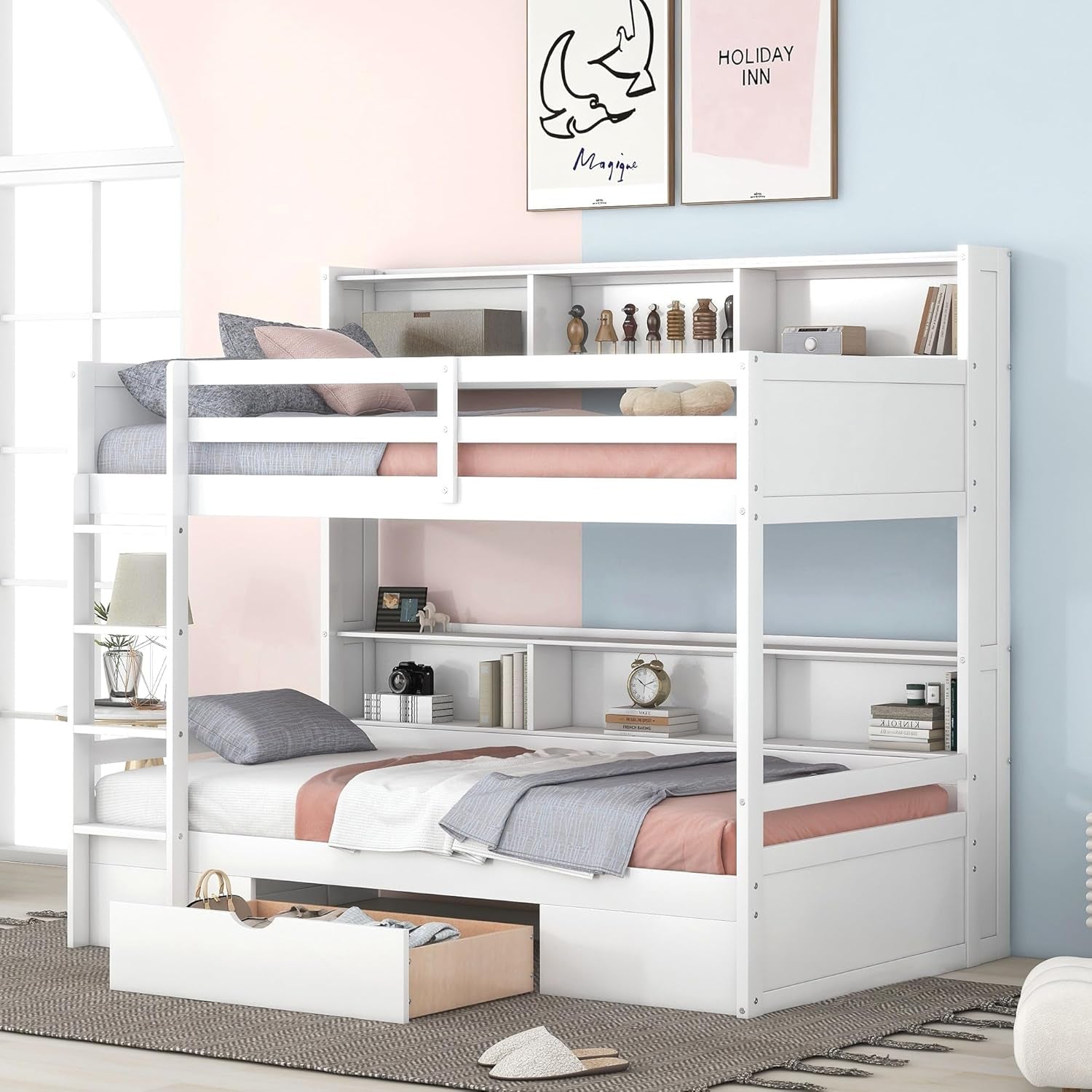 Twin over Twin Bunk Bed with Storage Drawer, Solid Wood Bunk Bed with Built-In Shelves beside Both Upper and down Bed, for Kids Teens Adults (White)-2
