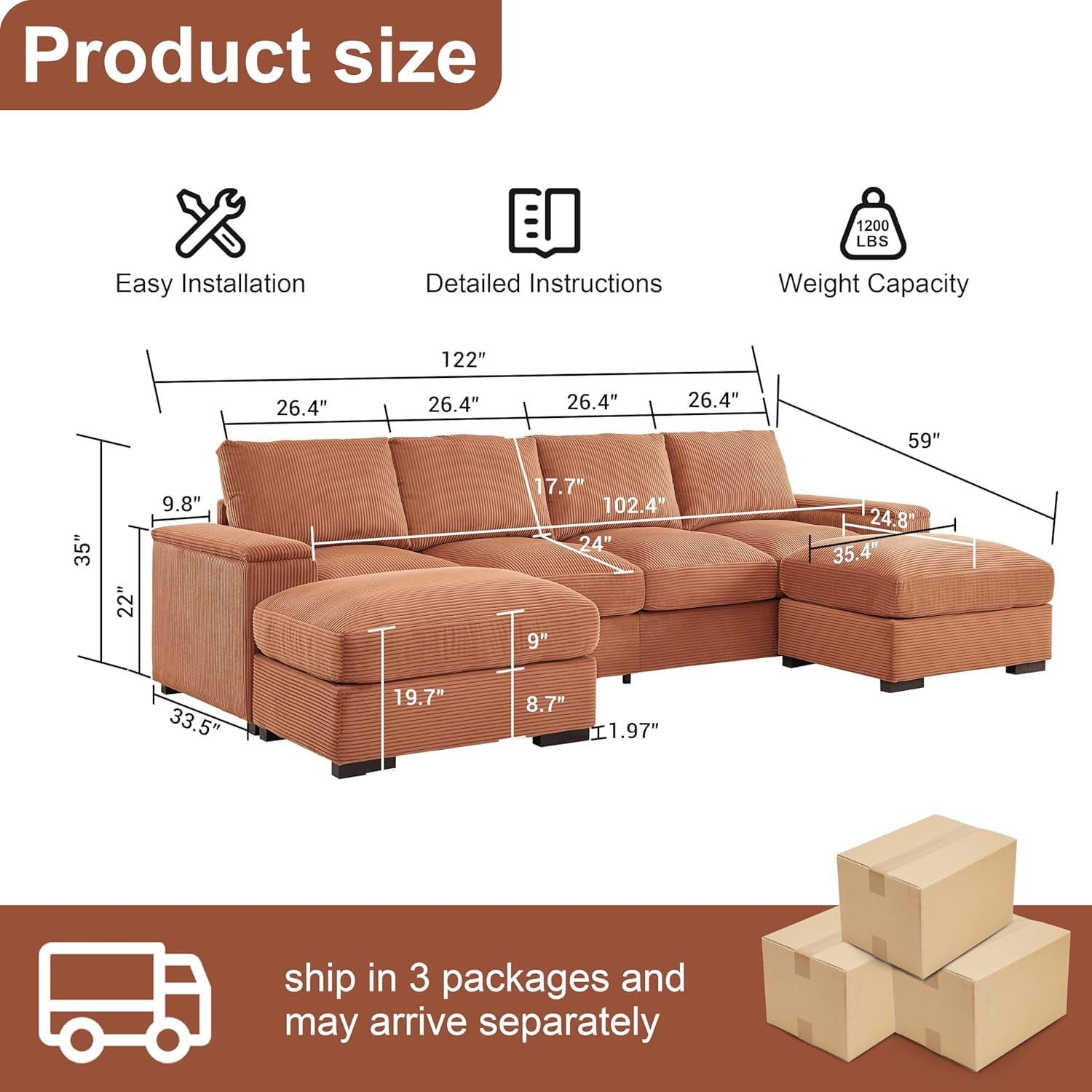 122" Oversized Modular Sectional Sofa Cloud Couch with 2 Ottomans, Comfy Corduroy Upholstered Deep Seat Large U Shaped Lounge Sofa&Couches with Hidden Arm Storage Box for Living Room Apartment-1