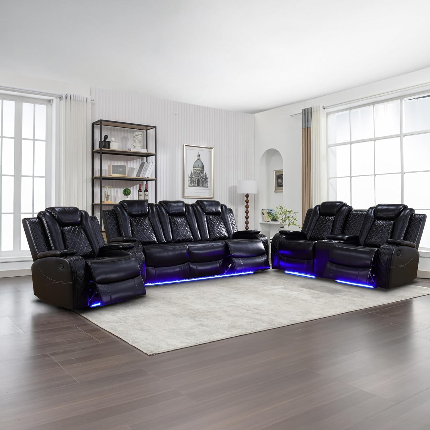Power Recliner Sofa Set with LED Lights,Leather Reclining Sofa with USB Port/Wireless Charger/Storage Console/Cup Holder,3 Piece Reclining Living Room Set for House/Home Theater(3 Piece Set,Black)-0