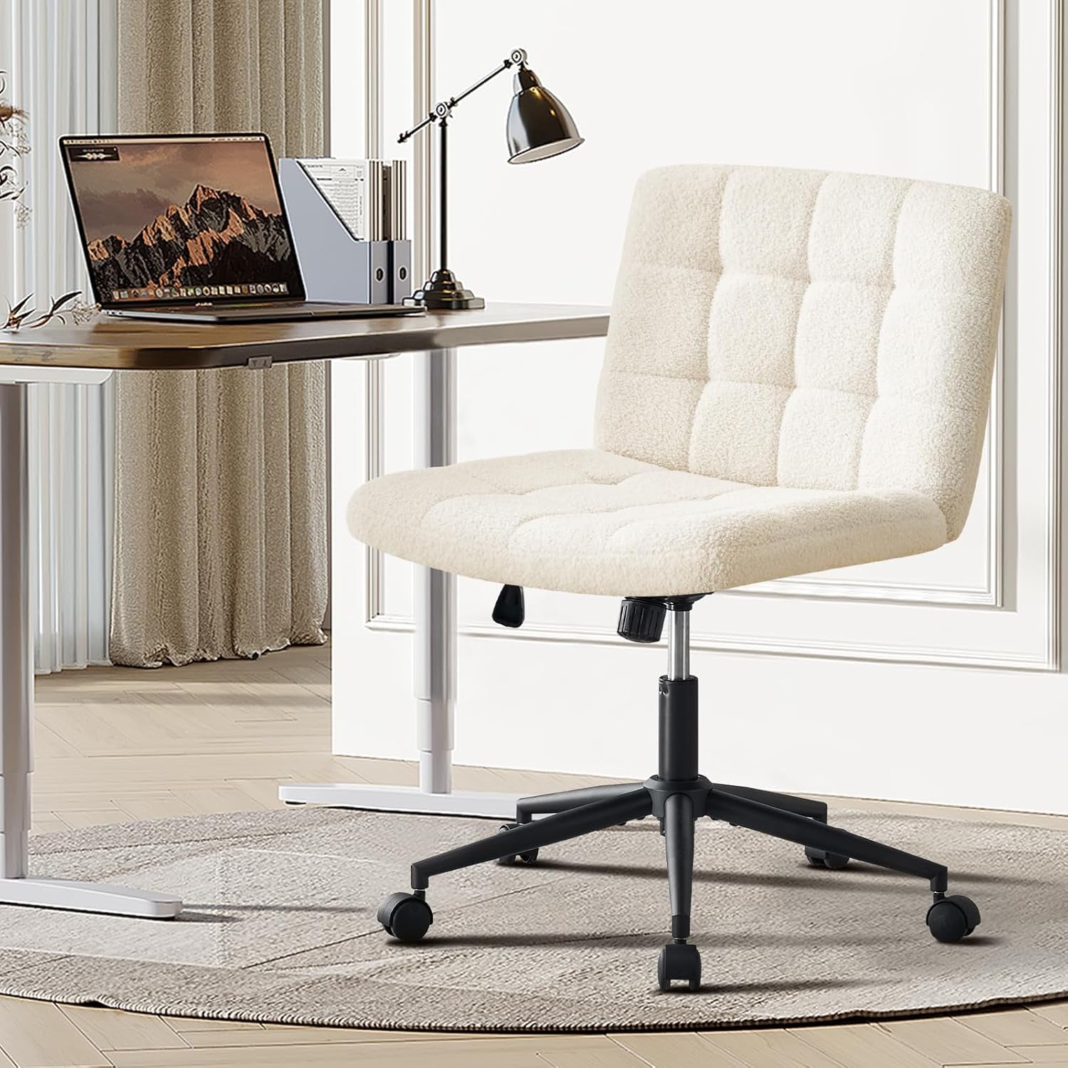 Swivel Criss Cross Legged Chair with Wheels for Home Office, Wide Armless Desk Chair Height Adjustable Comfy Seat for Desk,Vanity, Bedroom, Faux Fur White-2