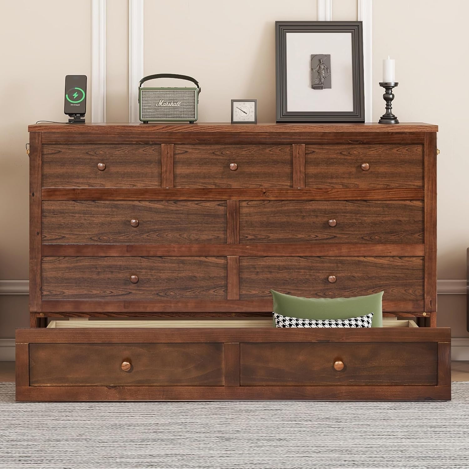 Walnut Queen Murphy Bed Cabinet USB Charging-1