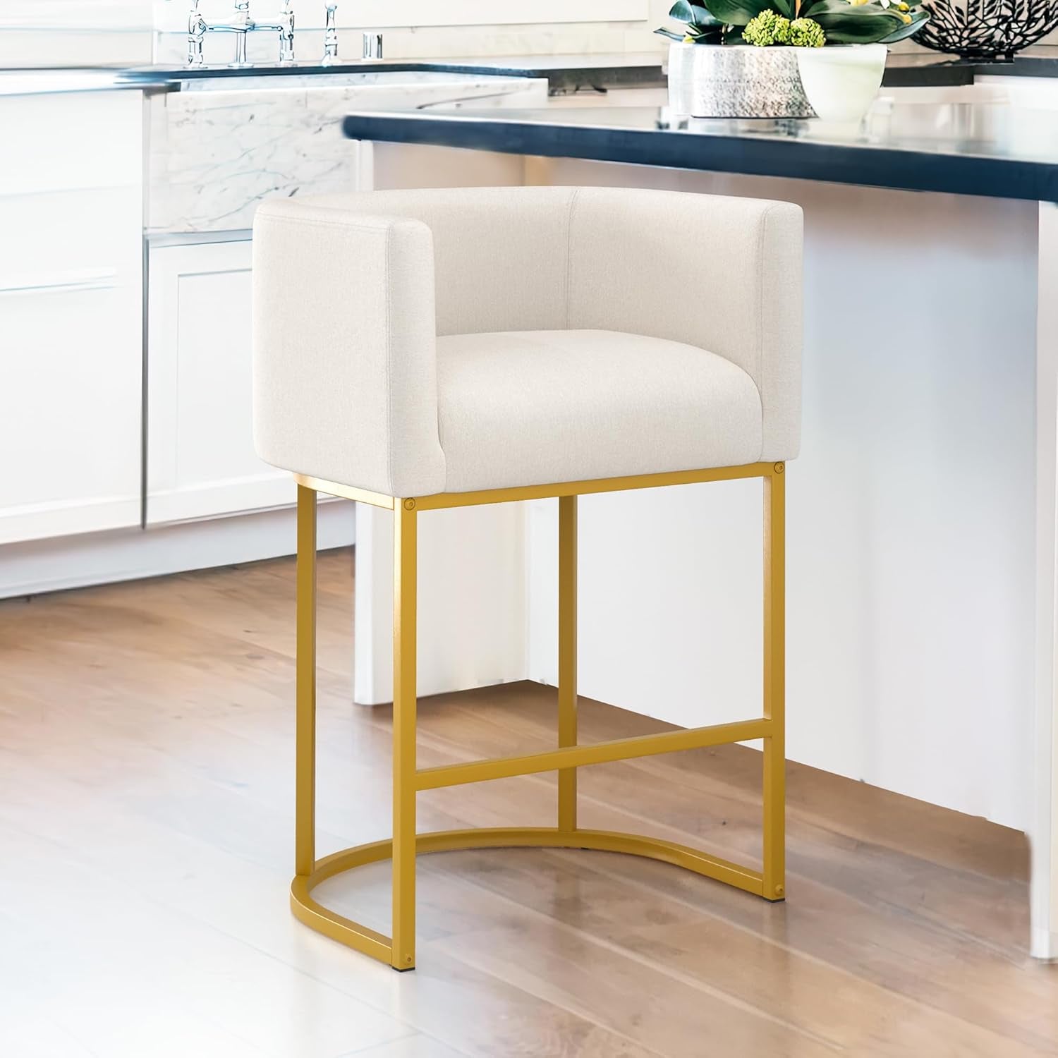 27" H Counter Height Bar Stools, Modern Barrel Counter Stools with Backrest and Arms, Gold Metal Frames, Linen Fabric Upholstered Accent Barstools for Kitchen Island, Beige-0