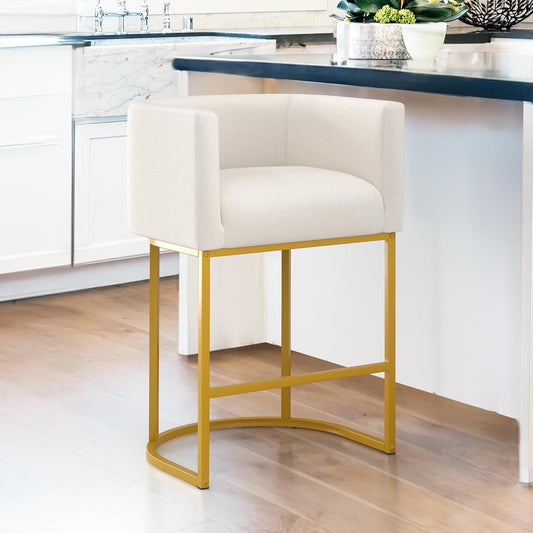27" H Counter Height Bar Stools, Modern Barrel Counter Stools with Backrest and Arms, Gold Metal Frames, Linen Fabric Upholstered Accent Barstools for Kitchen Island, Beige-0