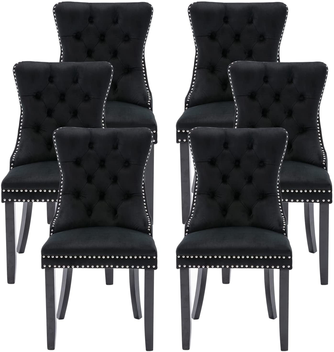 Black Velvet Ring Pull Trimmed Dining Chairs Set of 6-0