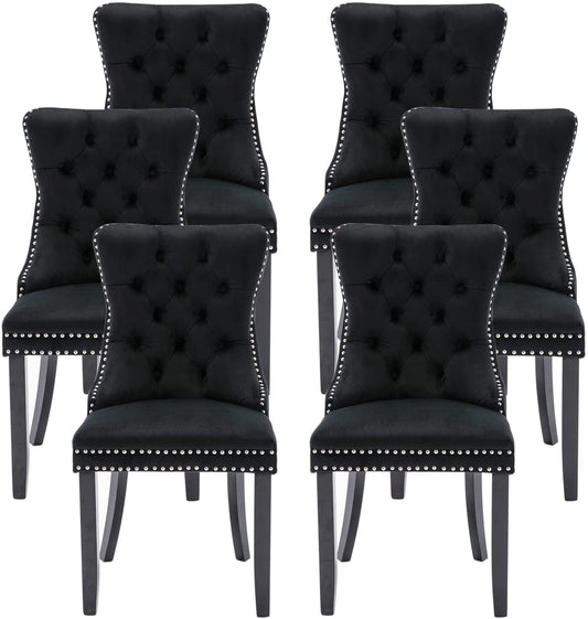 Black Velvet Ring Pull Trimmed Dining Chairs Set of 6-0