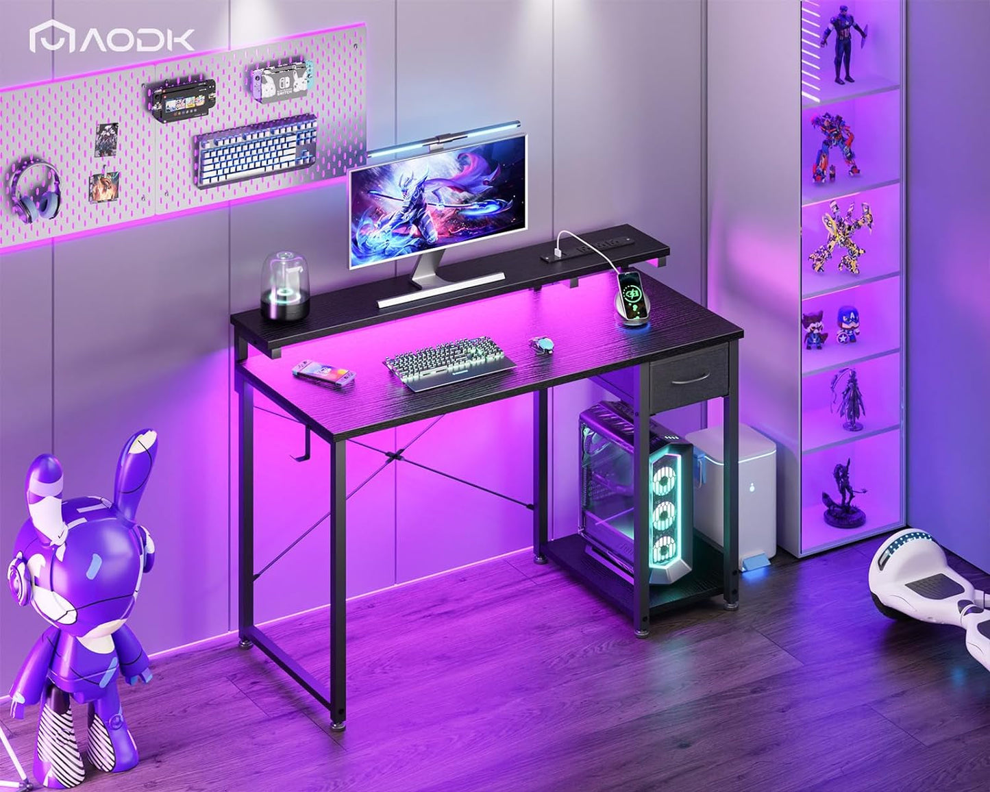 Gaming Desk with LED Lights & Power Outlet, 40 Inch Computer Desk with Drawer, Reversible Desk with Adjustable Monitor Shelf & Headphone Hook for Home Office, Black-1