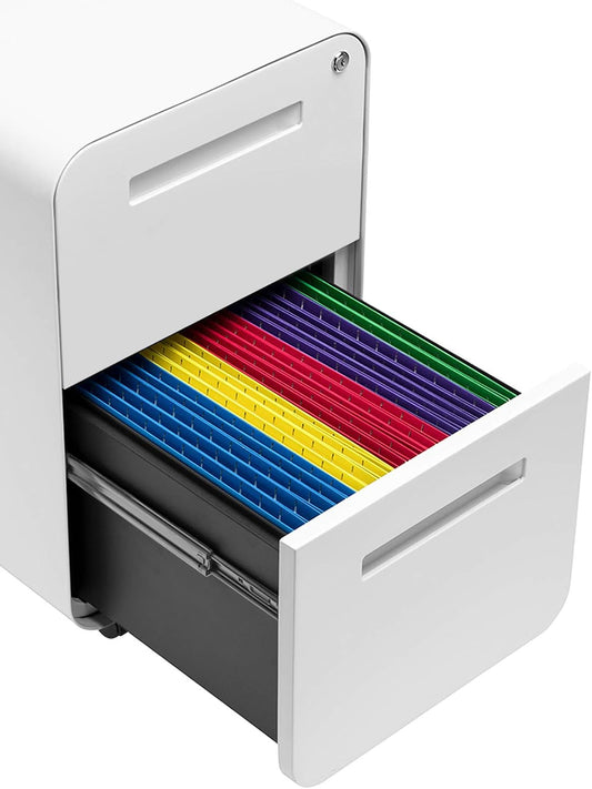 Stockpile 2 Drawer Mobile File Cabinet with Lock - under Desk Metal Filing Cabinet, Legal/Letter File Folders, Wheels and Stationary Feet, Pre-Assembled, White-1