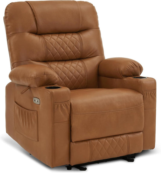 Power Recliner Chair, Electric Reclining with Heat and Vibration for Adult, Cup Holder, USB Port, Extended Footrest, Faux Leather, for Living Room, PR621 (Saddle)-0
