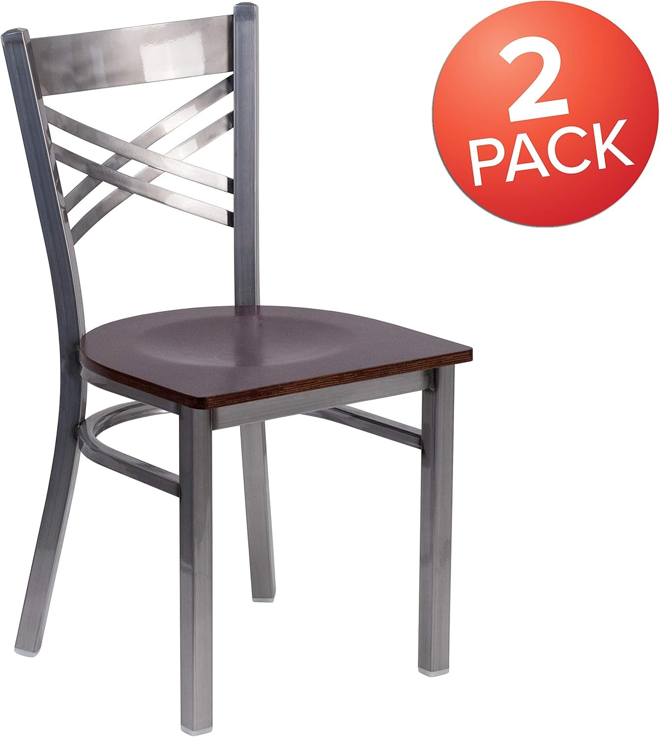 2 Pk. HERCULES Series Clear Coated ''X'' Back Metal Restaurant Chair - Walnut Wood Seat-2