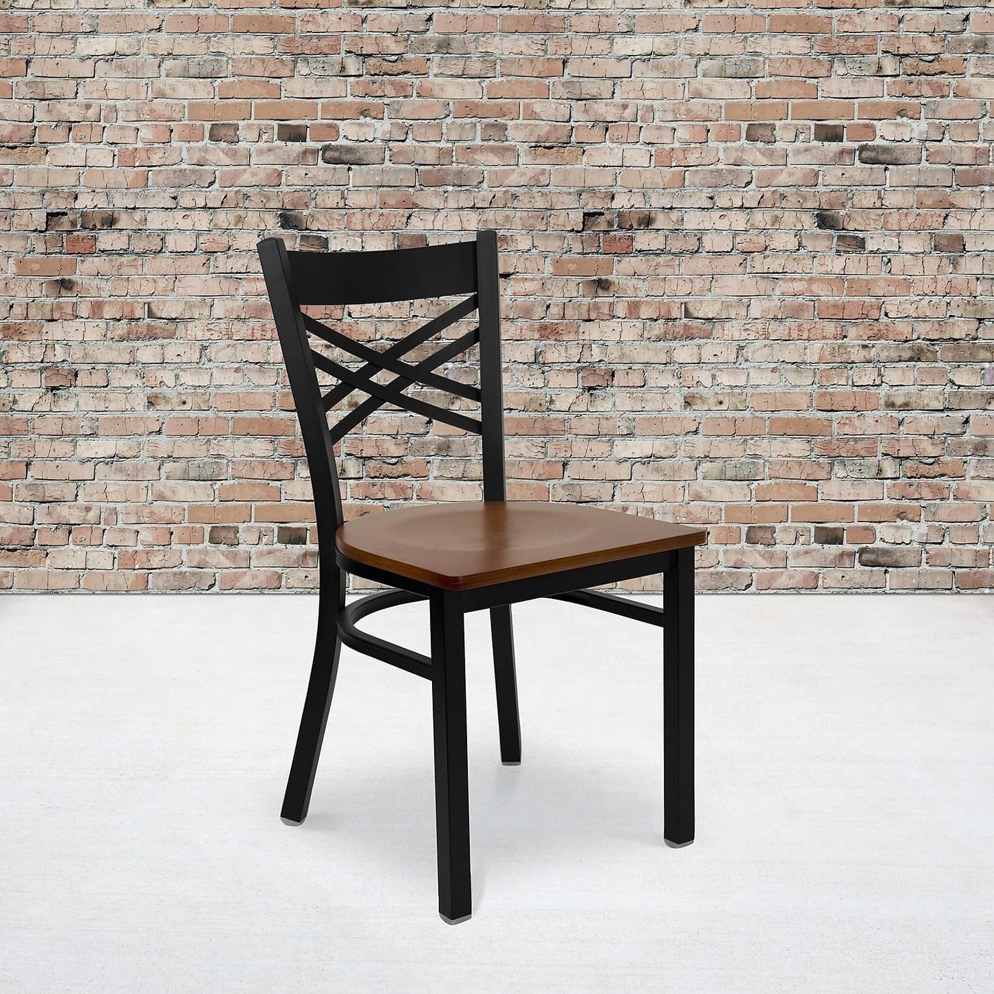 2 Pk. HERCULES Series Black ''X'' Back Metal Restaurant Chair - Cherry Wood Seat-1