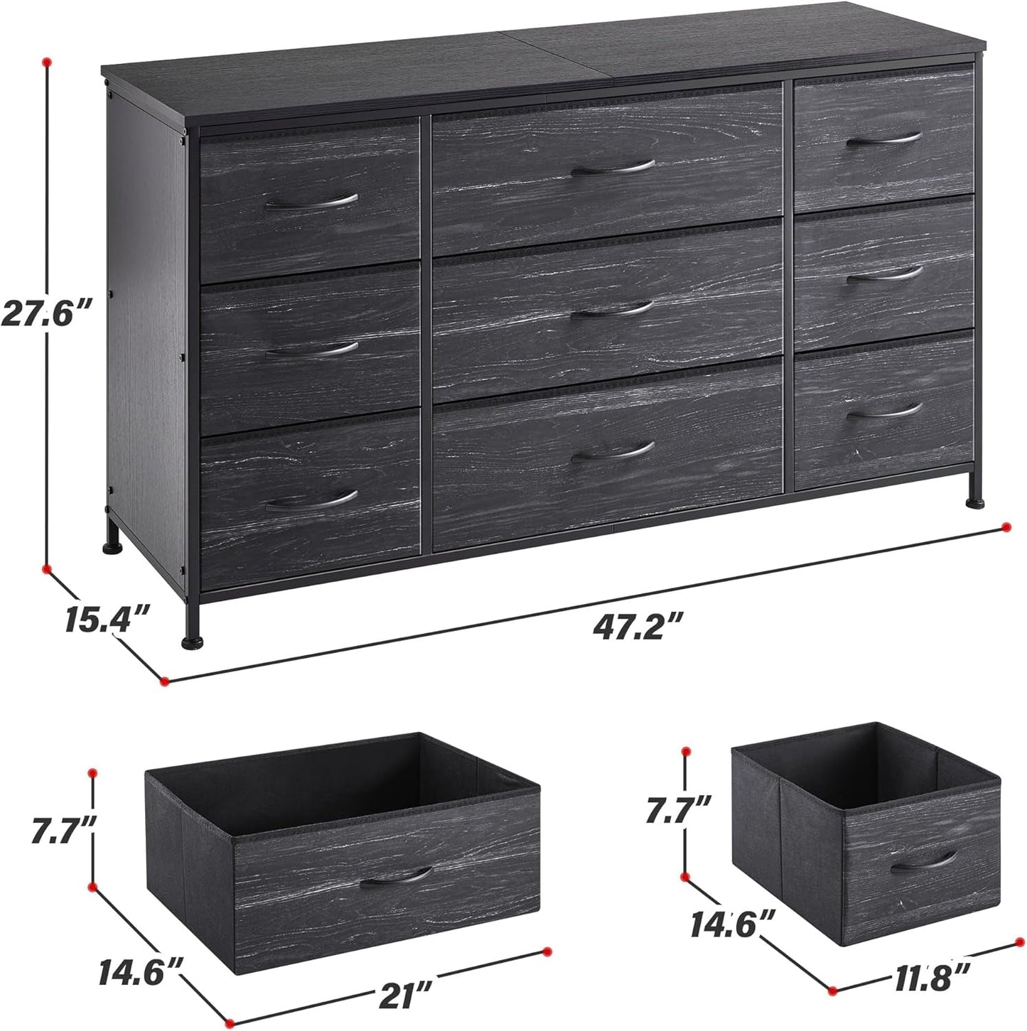 Dresser, Dresser for Bedroom with 9 Drawers, Wide Dresser TV Stand for 55” TV Stand for Bedroom Dresser Long Dressers & Chests of Drawers, Metal Frame&Wood Top, Closet, Hallway, Charcoal Black-2