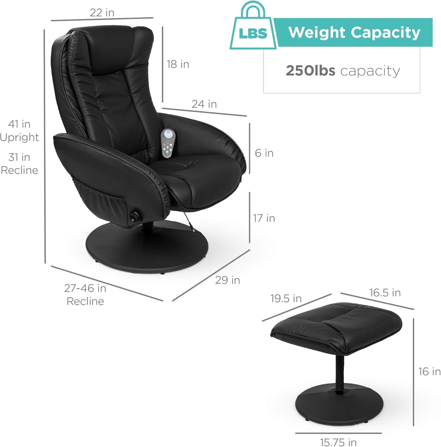 Faux Leather Electric Massage Recliner W/Stool Footrest Ottoman, Remote Control, 5 Heat & Massage Modes, Side Pockets - Black-2