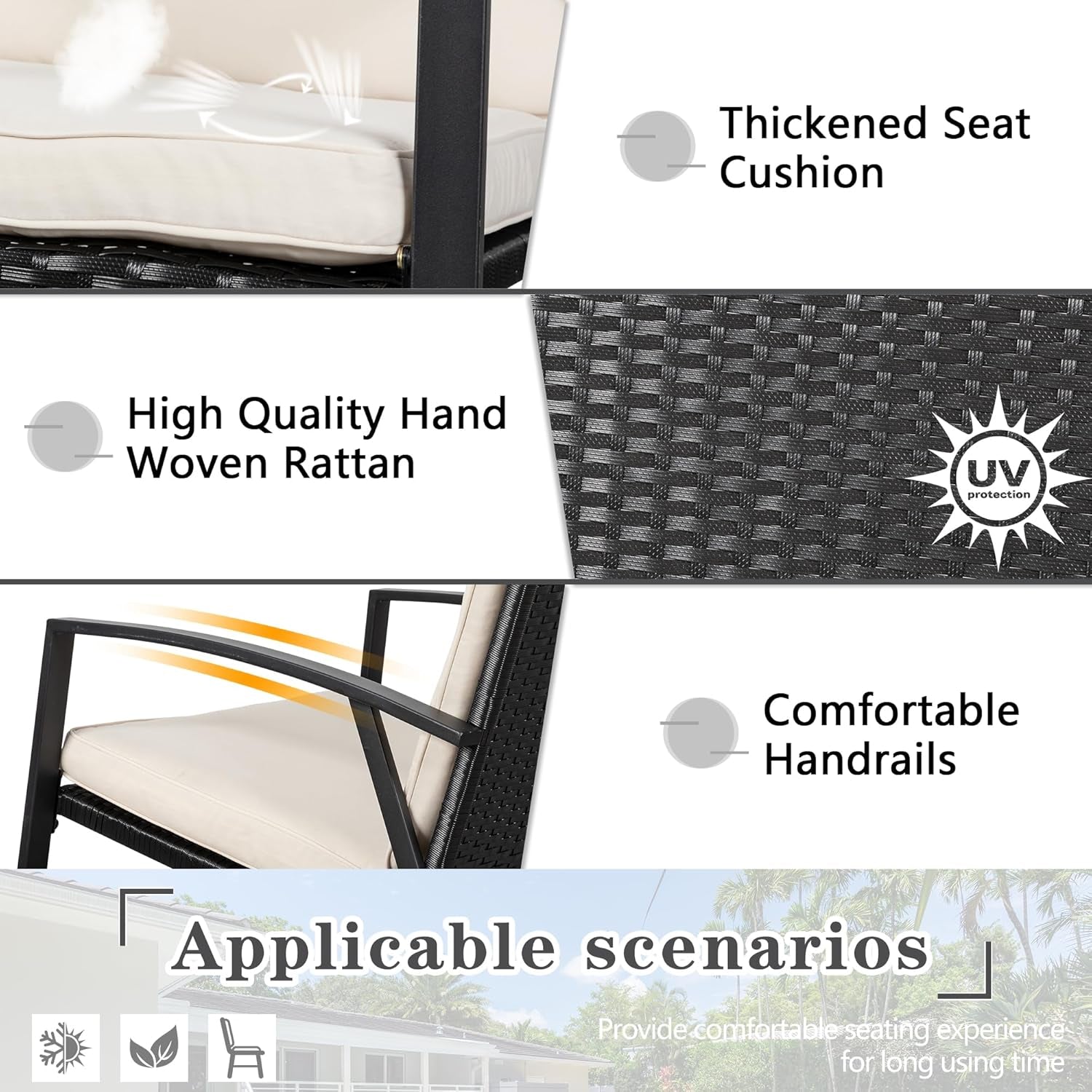 3 Pieces Rocking Bistro Set Wicker Patio Outdoor Furniture, 2 Rattan Porch Chairs Conversation Sets with Glass Coffee Table (Beige)-2