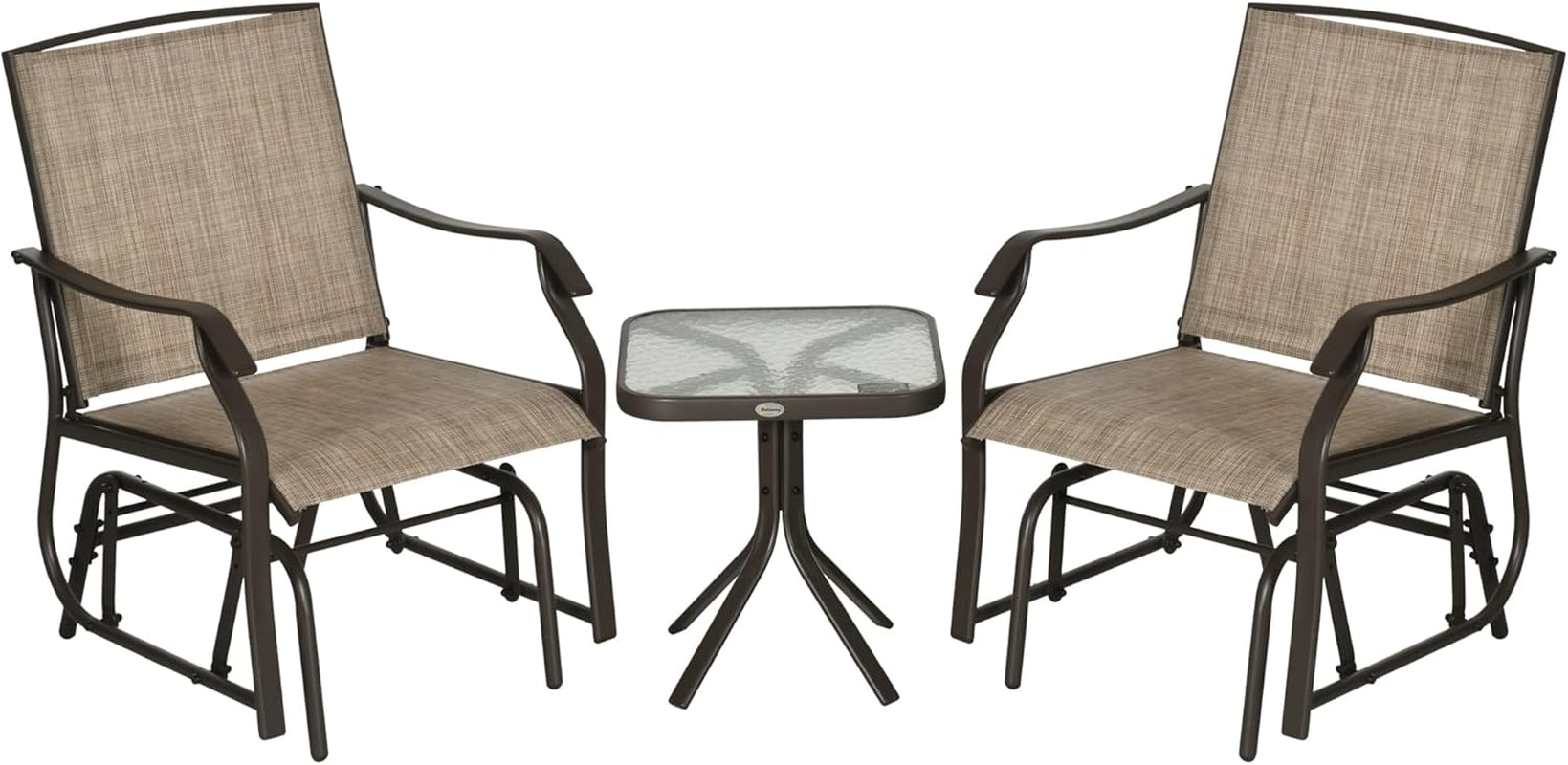 3 Piece Outdoor Glider Chair with Coffee Table Bistro Set, 2 Patio Rocking Swing Chairs with Breathable Sling Fabric, Glass Tabletop, for Backyard, Garden and Porch, Mixed Brown-0