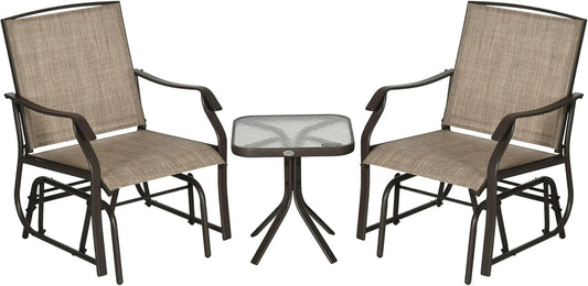 3 Piece Outdoor Glider Chair with Coffee Table Bistro Set, 2 Patio Rocking Swing Chairs with Breathable Sling Fabric, Glass Tabletop, for Backyard, Garden and Porch, Mixed Brown-0