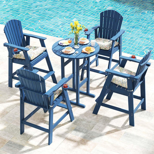 5 Pieces Adirondack Bar Set, Patio Counter Height Adirondack Chairs Set of 4 and round Table, High Top HDPE Stools and Pub Table, Tall Bistro Dining Furniture Set for 4, Navy Blue-0