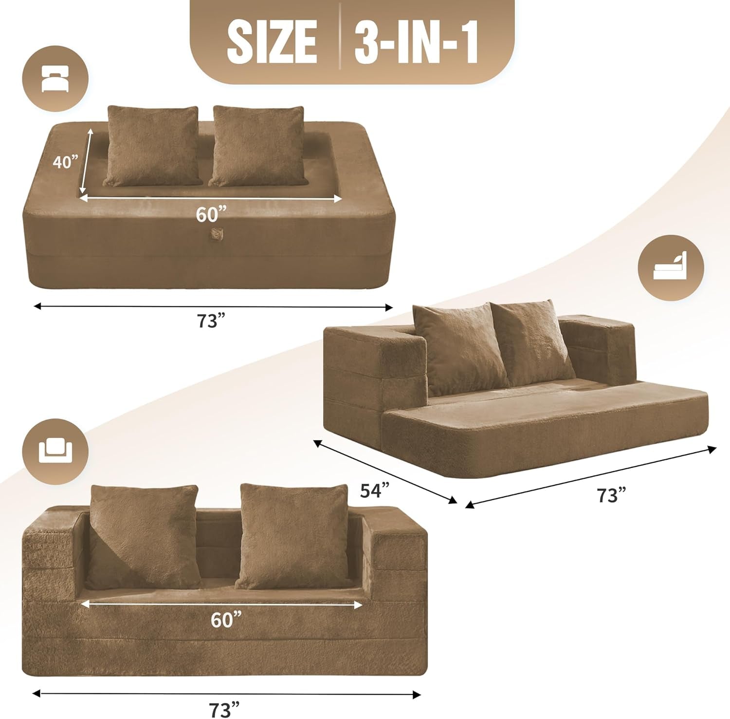 Folding Bean Bag Chair,3-In-1 Bean Bag Couch Faux Fur Floor Sofa Large Foam Beanbag Convertible Bean Bag Sofa Bed with Pillow for Adults(Brown, Large)-1