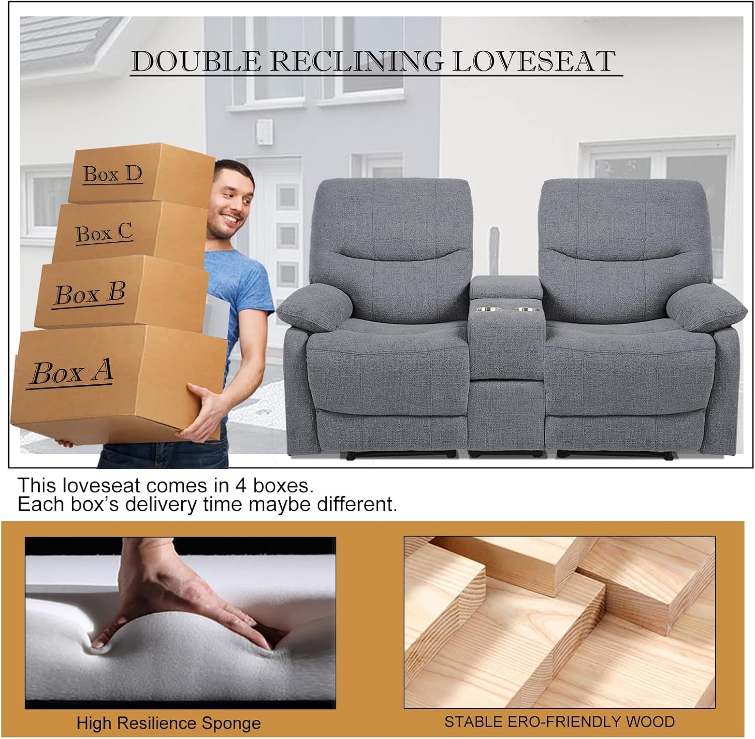 Double Reclining Loveseat - Fabric Home Theater Seating with Console - 2 Seater Manual Reclining Couch for Living Room, Office (Fabric- Light Grey)-4