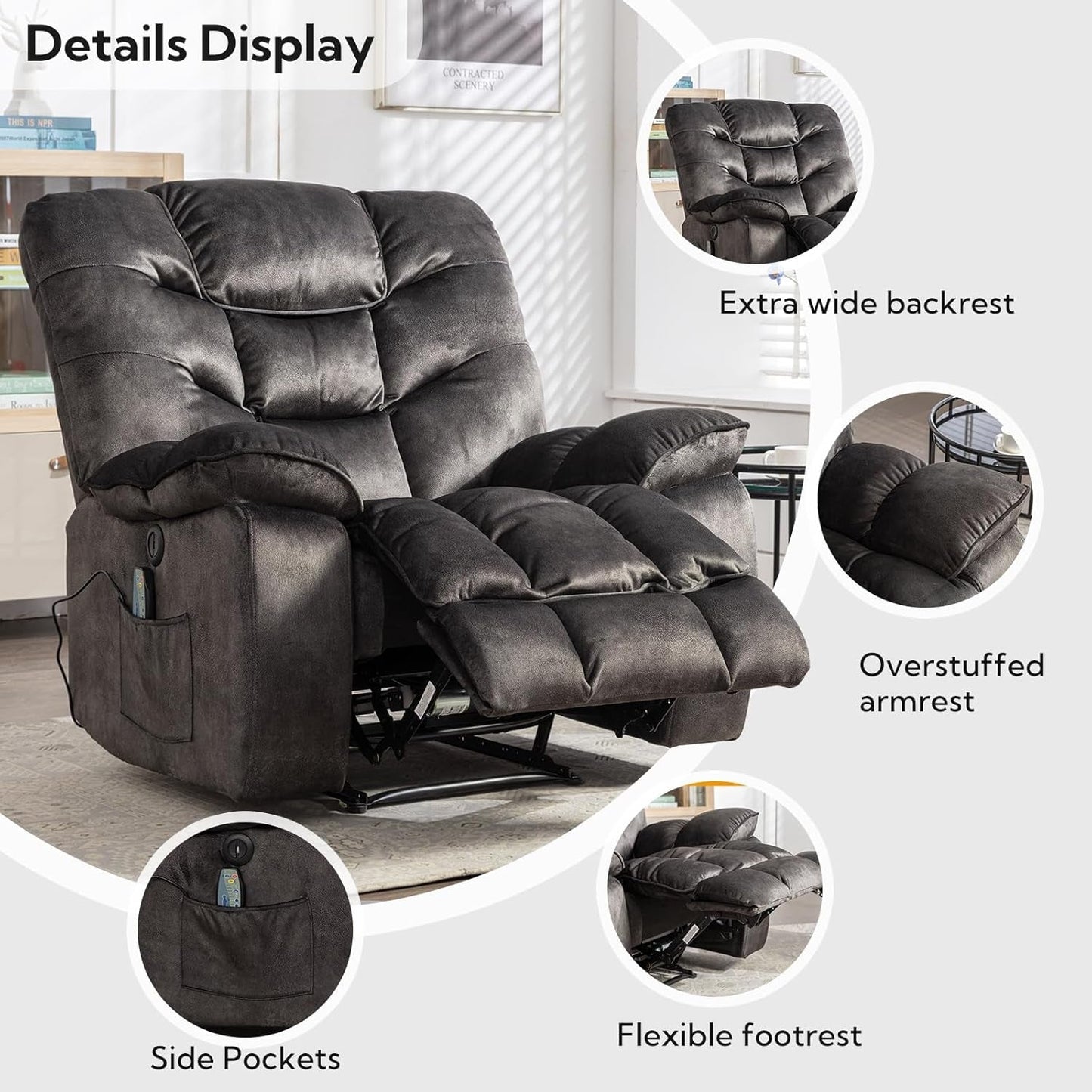 Oversized Power Recliner Chairs with Massage and Heat, 41" Wide Electric Reclining Chair with USB Port, Breathable Fabric Overstuffed Reclining Sofa for Living Room Bedroom (No Lift)-4