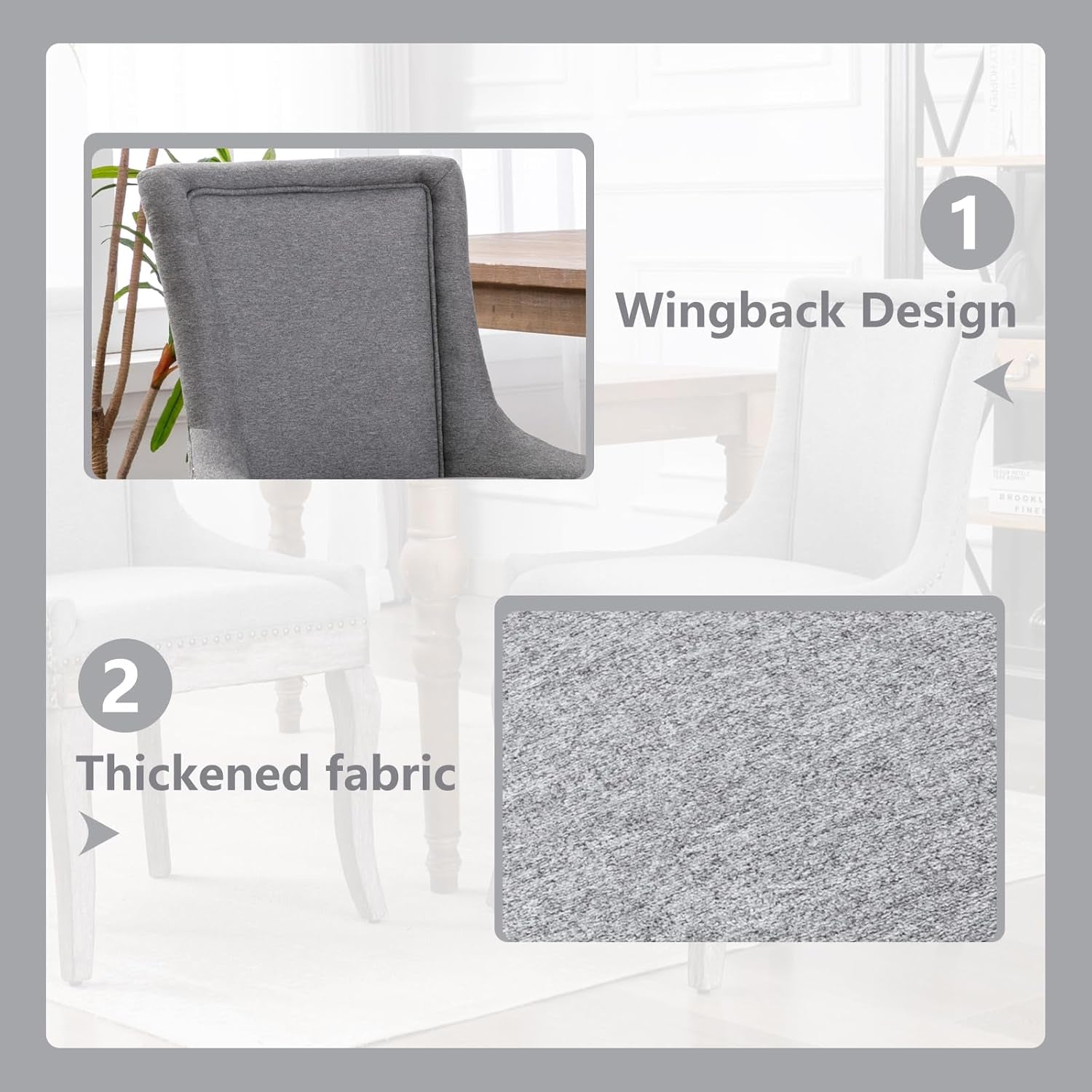 Modern Dining Chairs Set of 2, High Back Dining Chairs Side Chairs with Solid Wood Legs, Upholstered Fabric Dining Room Chairs for Dining Room Kitchen, Grey-4