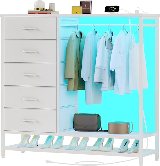 Dresser for Bedroom, Dresser with Hanging Rack Led Lights and Charging Station, White Bedroom Dresser with 5 Fabric Chest of Drawers with PU Finish Storage Organizer, for Living Room Kids Room, White-0