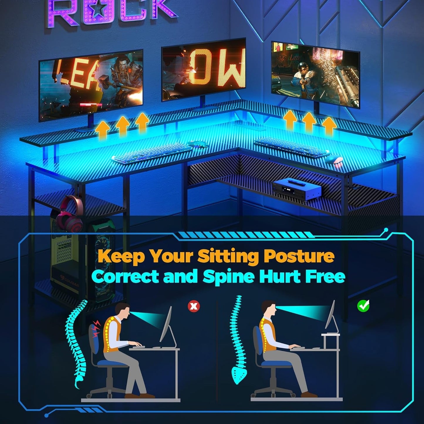 Computer Desk 56.7" with LED Lights and Power Outlets, Carbon Fiber Surface, Reversible L Shaped Gaming Desk with Monitor Stand, Office Desk with Storage, Desk with USB Port and Hook-4