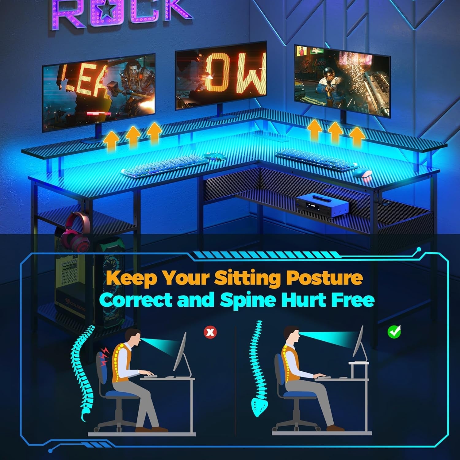 Computer Desk 56.7" with LED Lights and Power Outlets, Carbon Fiber Surface, Reversible L Shaped Gaming Desk with Monitor Stand, Office Desk with Storage, Desk with USB Port and Hook-4