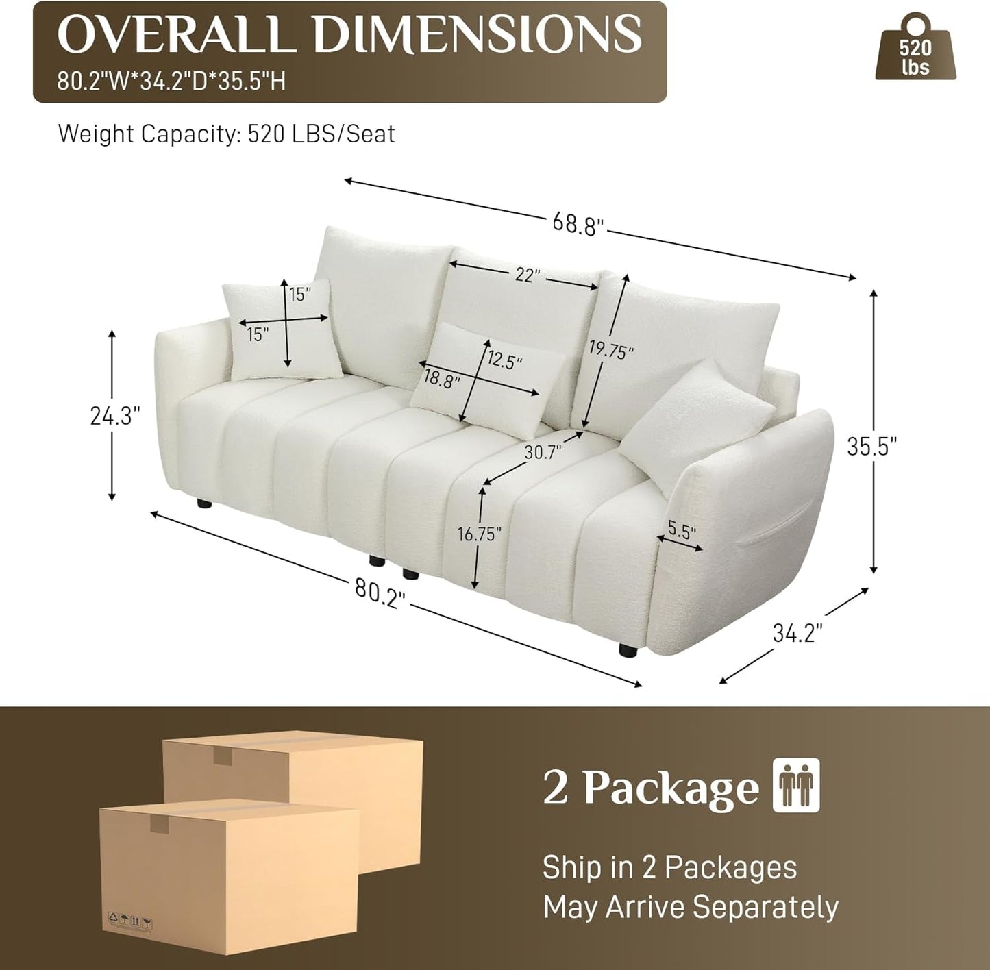 Boucle Sofa Cloud Couch, 80.2" Modern Comfy Teddy Sofa Deep Seat Futon Couch with Pillows, Soft Upholstered 3 Seater Sofa Oversized Loveseat Sofas for Living Room, Apartment, Beige-1