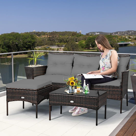 3 Pieces Patio Conversation Set, All Weather Outdoor PE Rattan Wicker Furniture Set with Padded Cushions, Tempered Glass Coffee Table, for Poolside, Backyard, Garden (Gray)-1