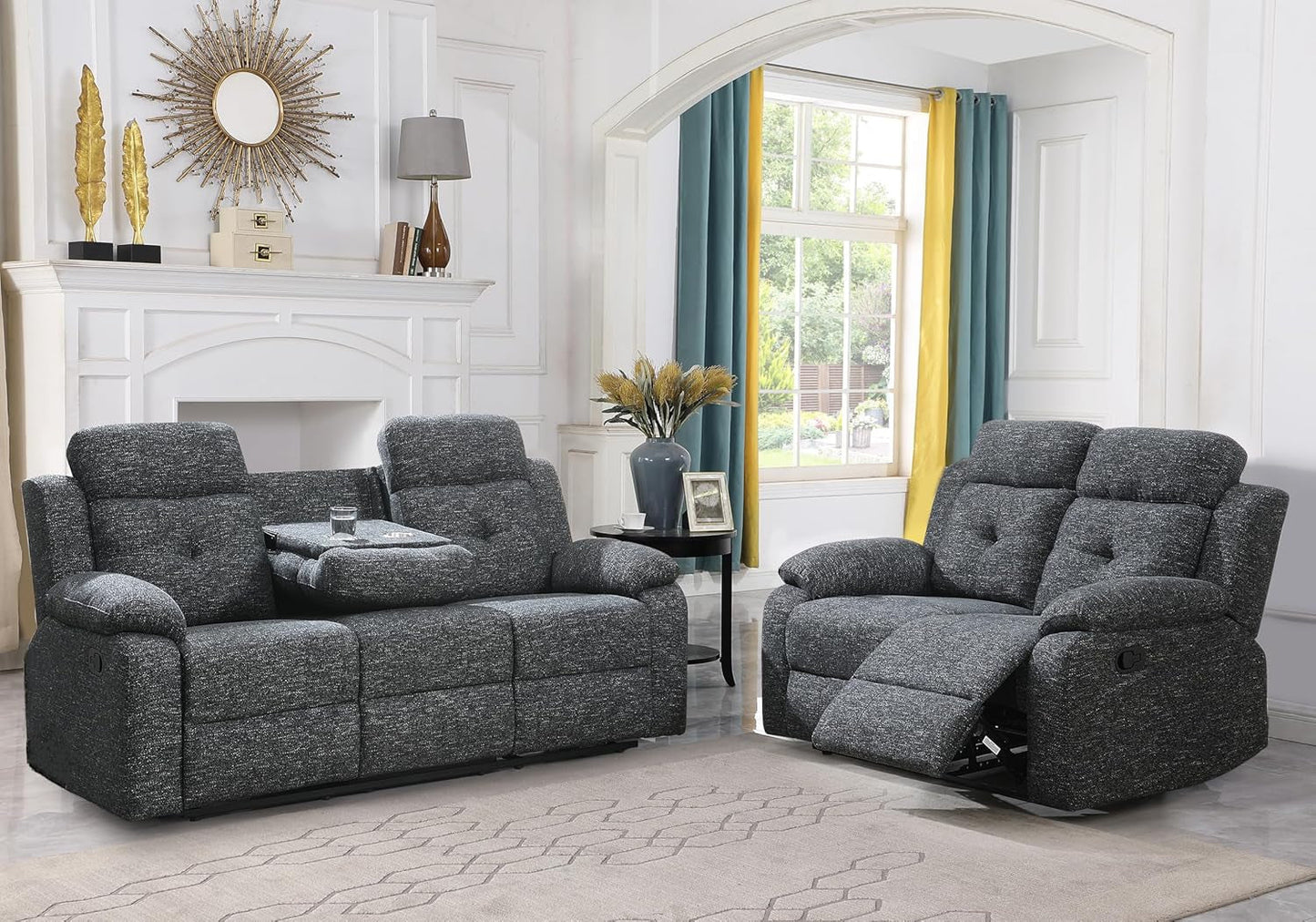 Breathable-Chenille-Fabric-Reclining-Sofa-And-Loveseat-Set, Double-Recliner-For-Living-Room, Manual-Reclining-Sofa,Soft/Drop down Table(Charcoal Gray)-0