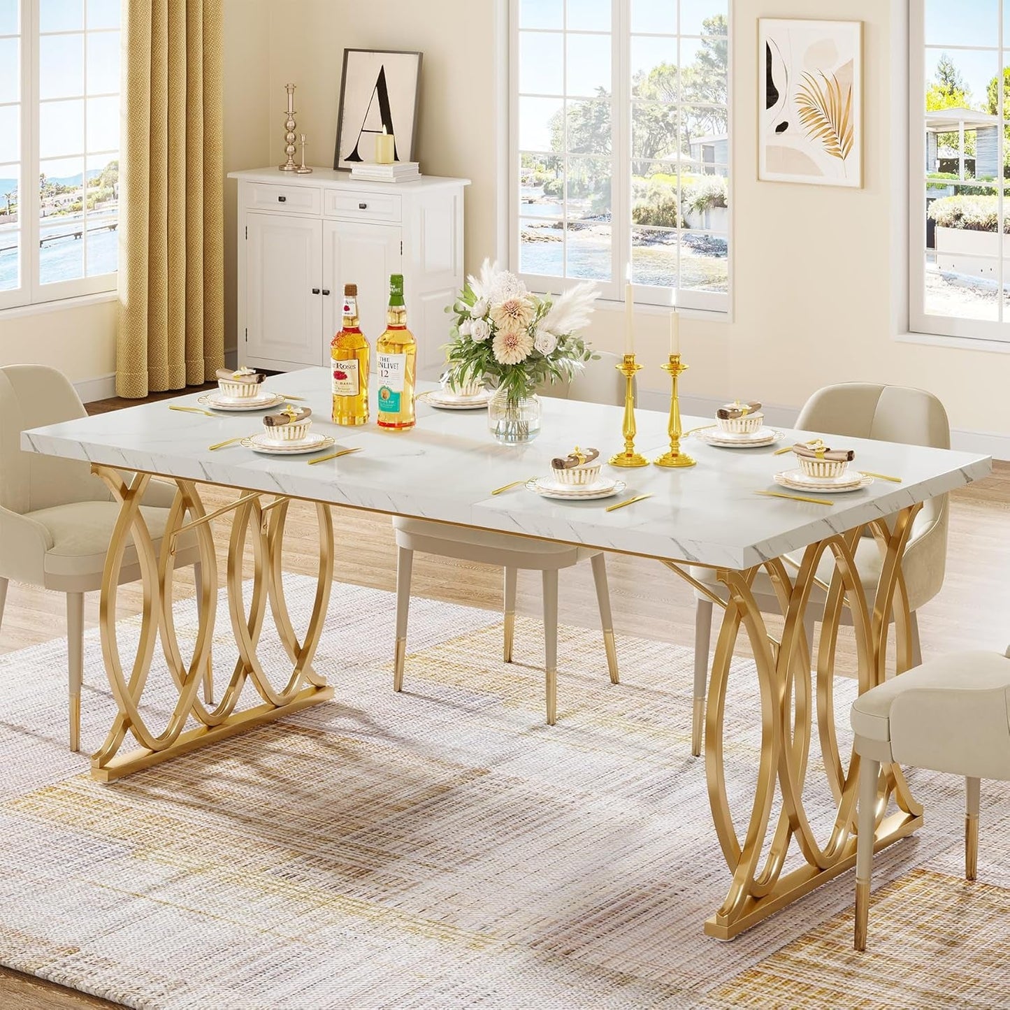 Modern Dining Table, 63" Large Kitchen Table for 4-6 People, Unique Rectangular Dinner Table Kitchen & Dining Room Furniture with Faux Marble Tabletop and Geometric Legs-0