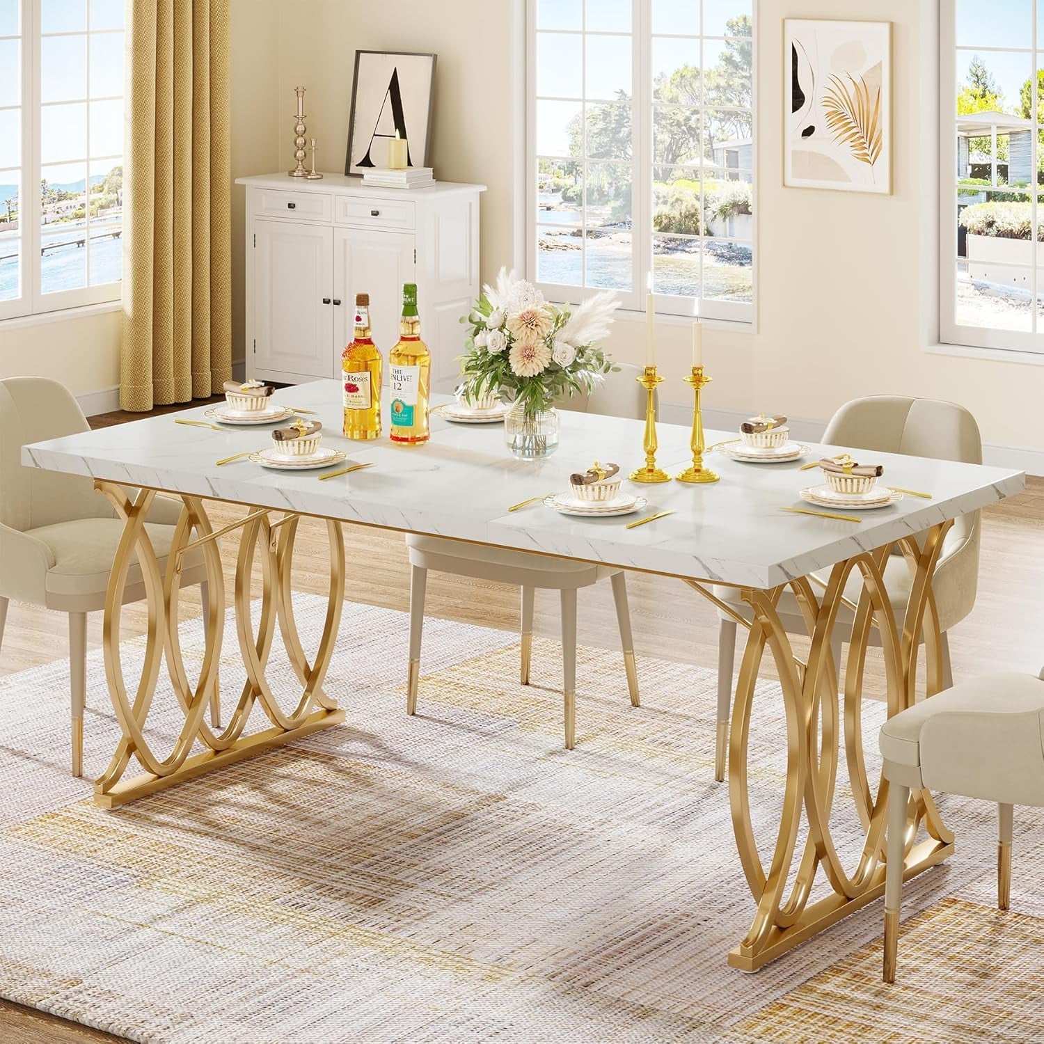 Modern Dining Table, 63" Large Kitchen Table for 4-6 People, Unique Rectangular Dinner Table Kitchen & Dining Room Furniture with Faux Marble Tabletop and Geometric Legs-0