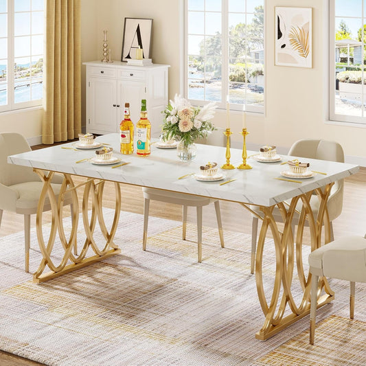 Modern Dining Table, 63" Large Kitchen Table for 4-6 People, Unique Rectangular Dinner Table Kitchen & Dining Room Furniture with Faux Marble Tabletop and Geometric Legs-0