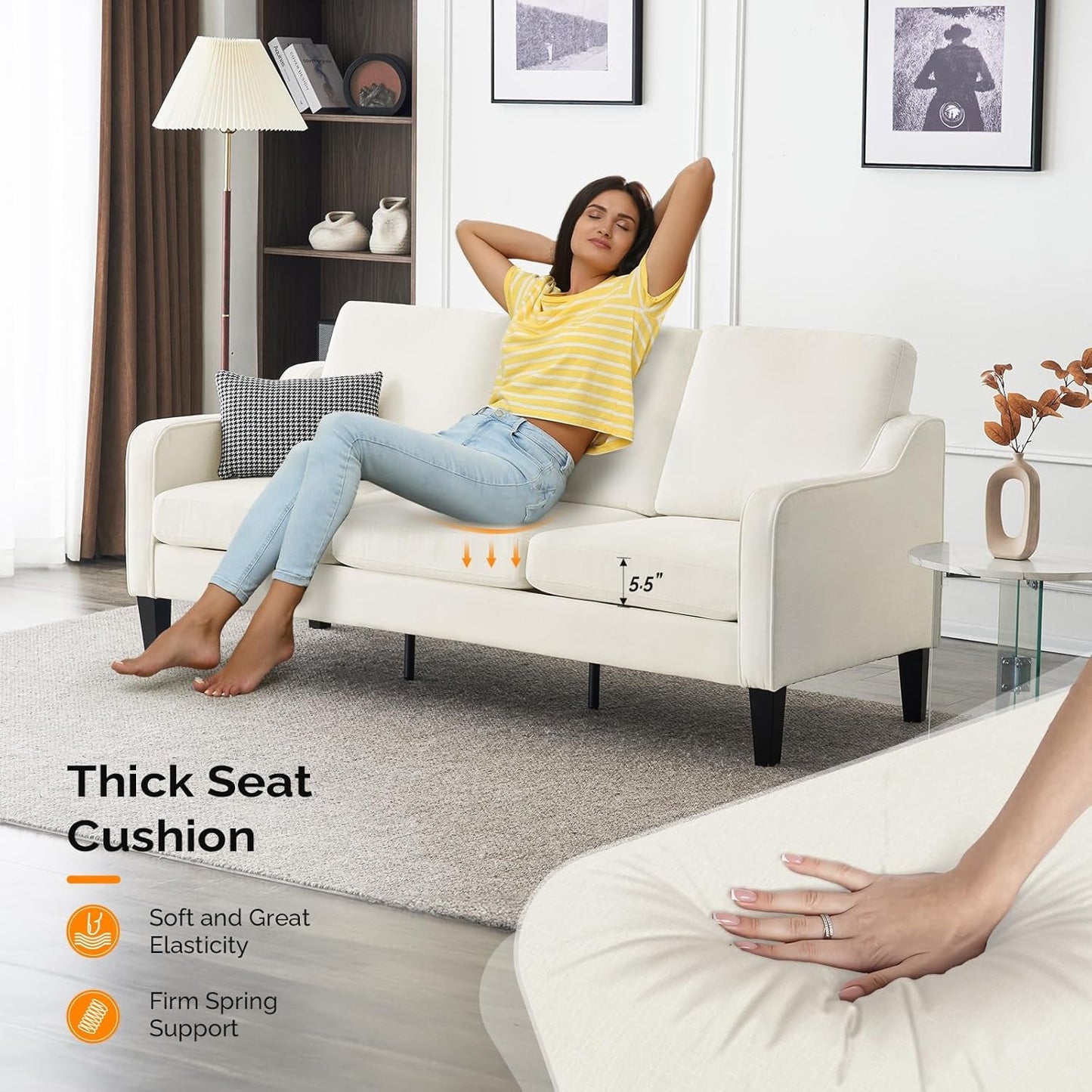 Loveseat Sofa Set for Living Room, Mid-Century Modern Couch and Love Seat Set,53" Loveseat+71" Small Couch for Bedroom Sofa Furniture for Small Spaces Apartment (Cream White)-3