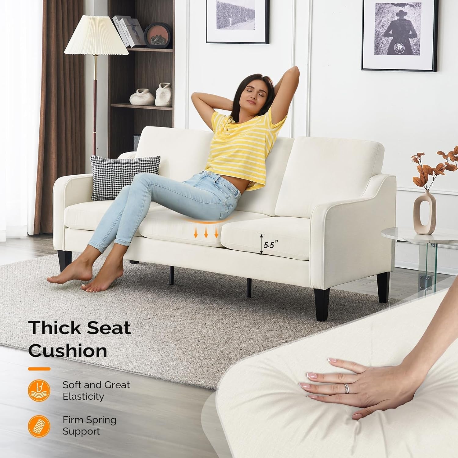 Loveseat Sofa Set for Living Room, Mid-Century Modern Couch and Love Seat Set,53" Loveseat+71" Small Couch for Bedroom Sofa Furniture for Small Spaces Apartment (Cream White)-3