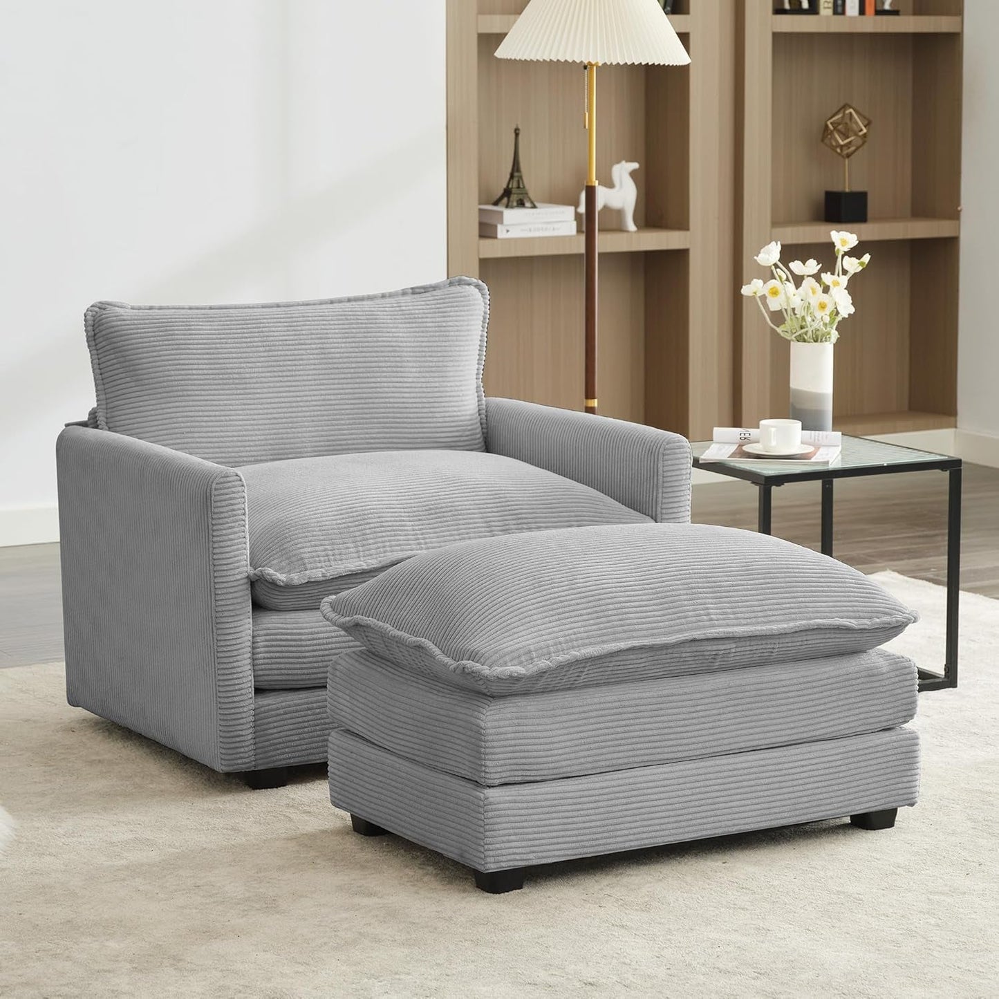 Convertible Sectional Couch with Ottoman, Corduroy Single Armchair with Ottoman, Upholstered Couch with Convertible Chaise, Modern Living Room Furniture Set, Light Grey-0