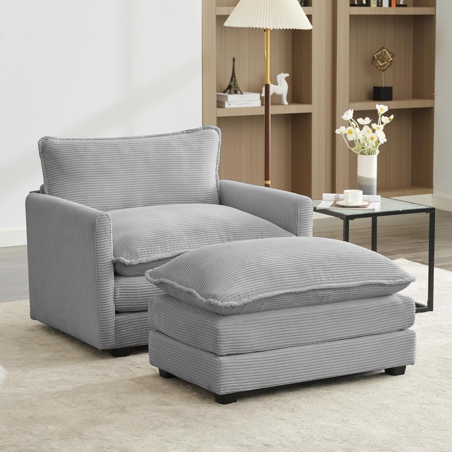 Convertible Sectional Couch with Ottoman, Corduroy Single Armchair with Ottoman, Upholstered Couch with Convertible Chaise, Modern Living Room Furniture Set, Light Grey-0