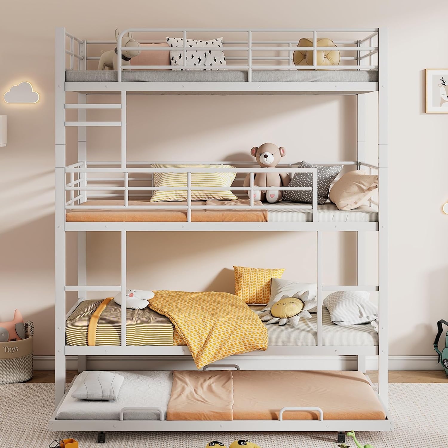 Metal Triple Bunk Bed Twin over Twin over Twin, Triple Bunk Bed with Trundle, 3-Tier Bunk Bed with 2 Ladders and Guardrails, Triple Bunk Beds for Kids(White Twin)-0