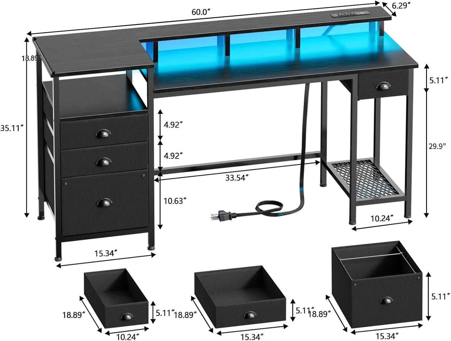 Black Computer Desk with 4 Drawers, 60" Long Office Desk with Fabric File Cabinet and Power Outlets, Gaming Desk with LED Lights, Study Writing Work Desk for Home Office-2