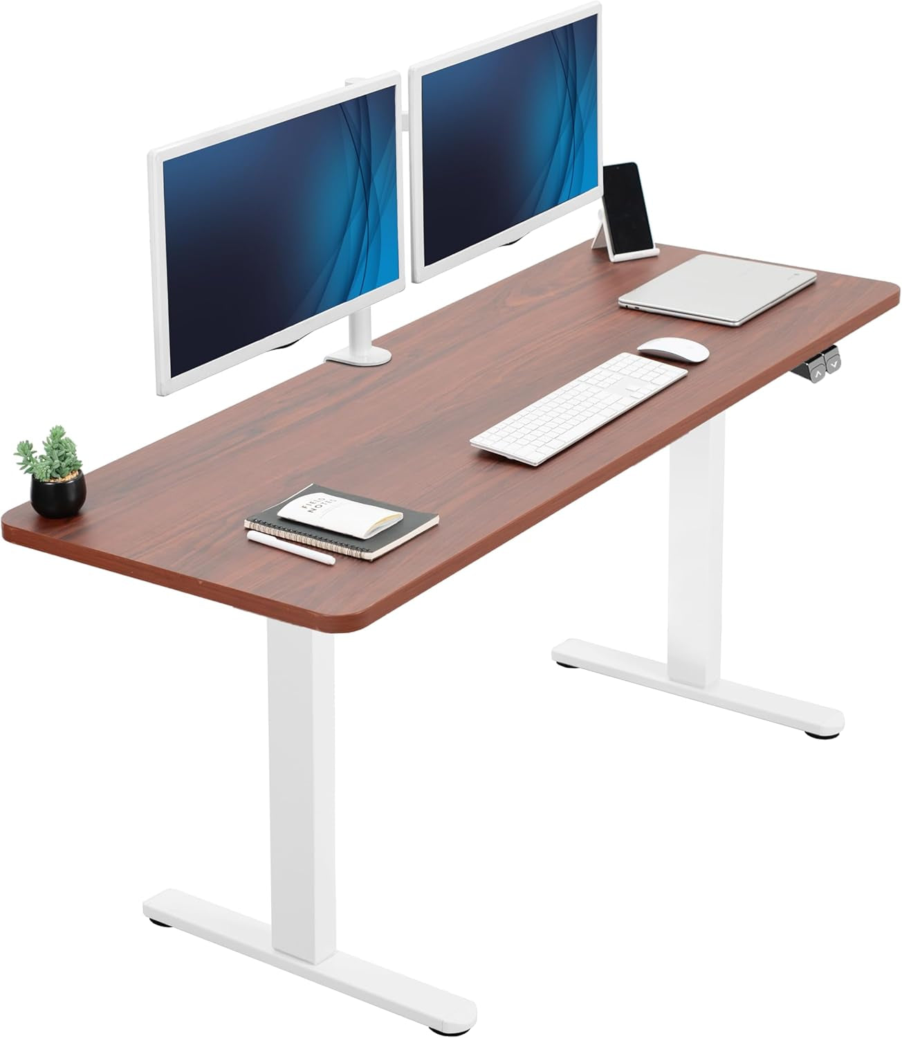 60-Inch Electric Height Adjustable 60 X 24 Inch Stand up Desk, Dark Walnut Solid One-Piece Table Top, White Frame, Home & Office Furniture Sets, B0 Series, DESK-KIT-W06D-0