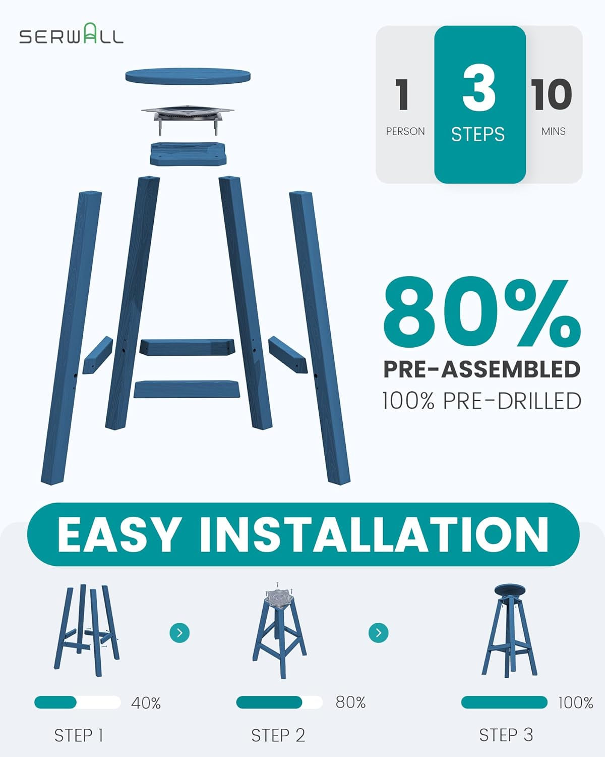 Outdoor Bar Table and Chairs Set, round Bar Table with 2 Swivel Bar Stools, Blue-3
