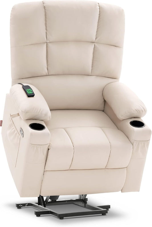 Large Lay Flat Dual Motor Power Lift Recliner Chair Sofa with Massage and Heat for Elderly People, Infinite Position, Faux Leather 7680 (Cream White, Large)-0