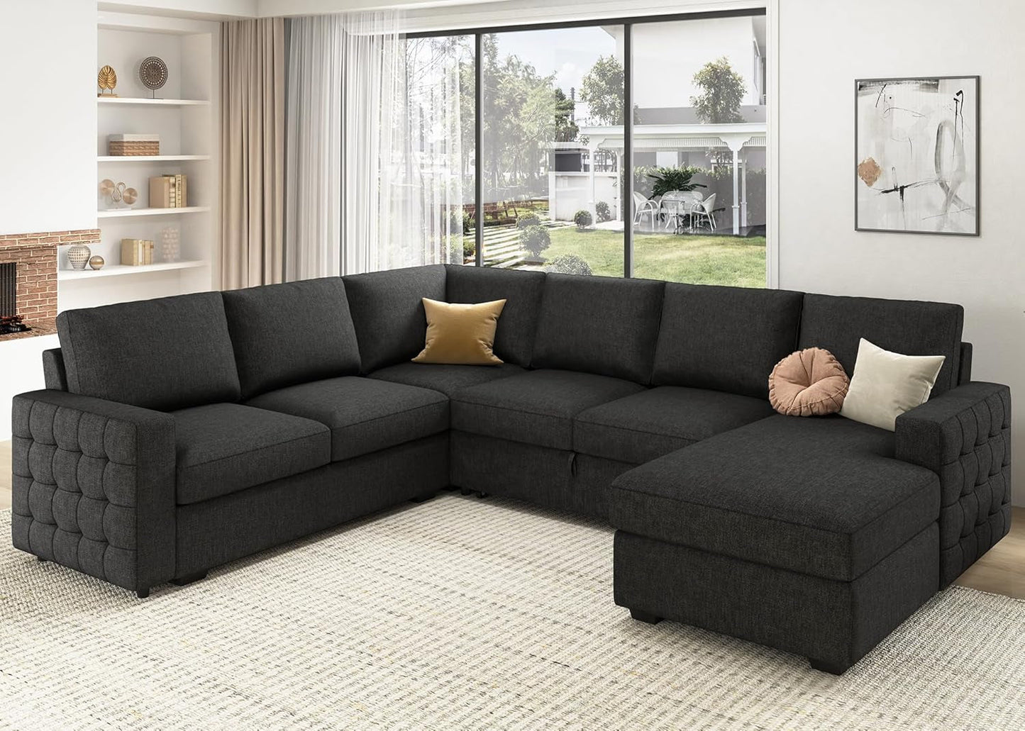 Sectional Sleeper Sofa with Pull Out Bed, Reversible Sectional Sleeper Couch with Storage Chaise U Shape Sectional Sofa, Dark Grey-1