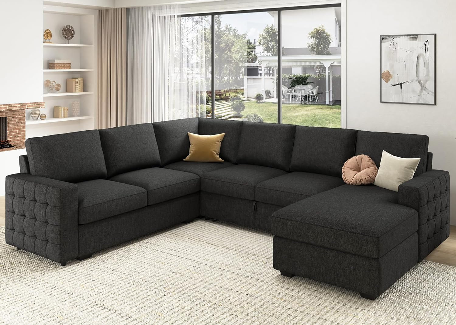 Sectional Sleeper Sofa with Pull Out Bed, Reversible Sectional Sleeper Couch with Storage Chaise U Shape Sectional Sofa, Dark Grey-1