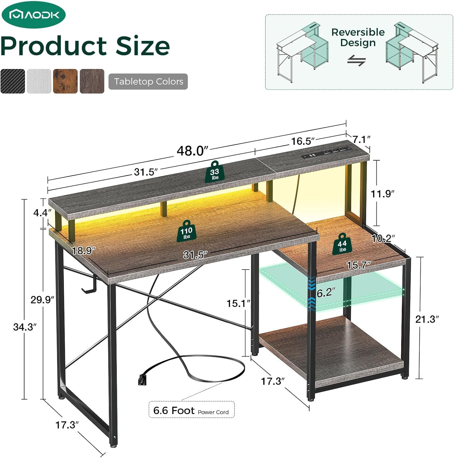 Computer Desk, 48 Inch Gaming Desk with Led Lights & Power Outlet, Office Desk with Printer Storage Shelves, Reversible Desk with Monitor Shelf & Headphone Hook, Grey Oak-2