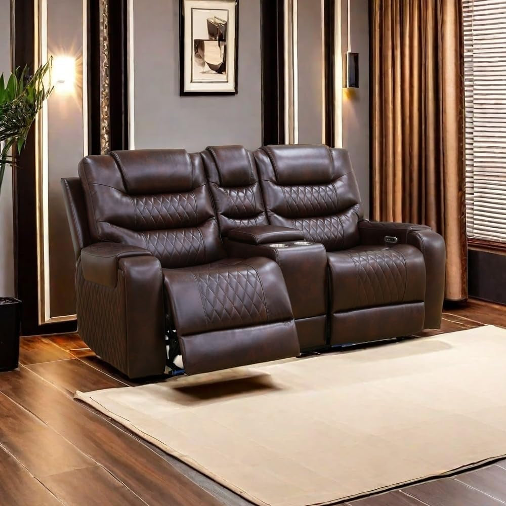 LED Power Recliner Sofa for Living Room Furniture Set, Leather Sectional Sofa Set, Reclining Sofa and Loveseat with USB Port/Storage Console/Cup Holders(Dark Brown Loveseat)-0