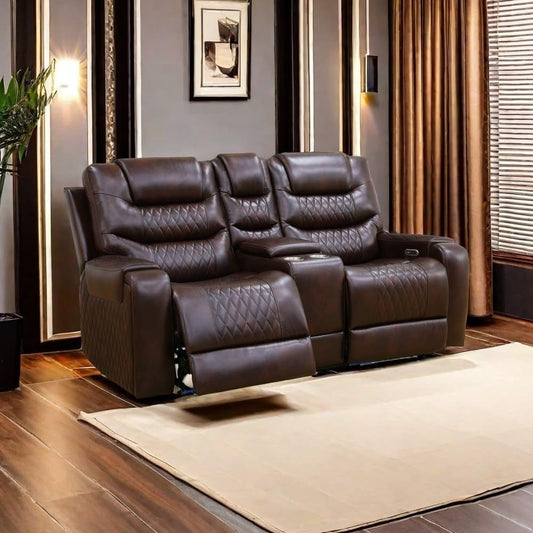 LED Power Recliner Sofa for Living Room Furniture Set, Leather Sectional Sofa Set, Reclining Sofa and Loveseat with USB Port/Storage Console/Cup Holders(Dark Brown Loveseat)-0