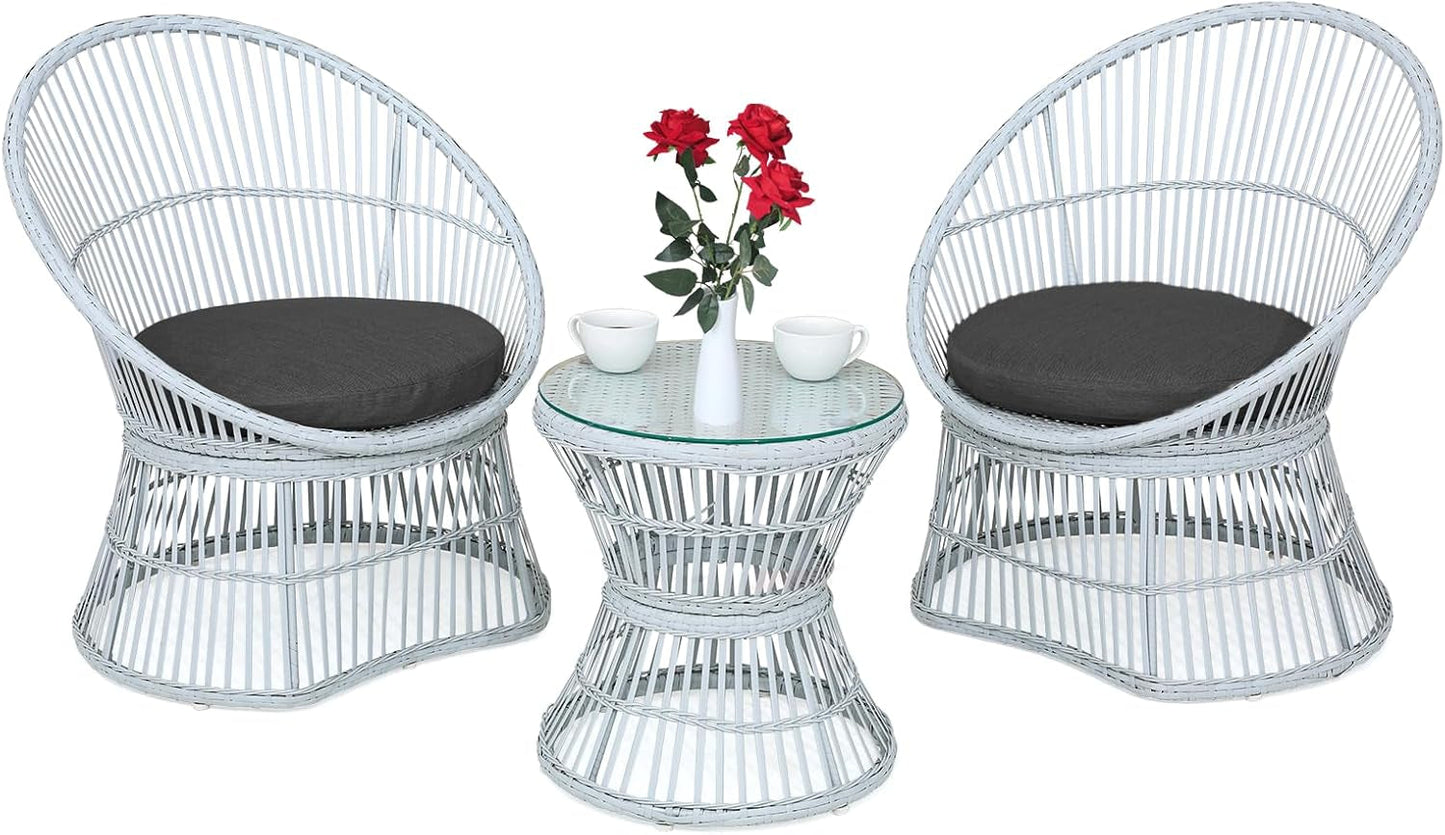 Outdoor Patio Furniture Set Wicker Bistro Set, 3 Piece Conversation Set All-Weather PE Rattan Chairs with Seat Cushions & Glass Table for Porch, Backyard, Black-0