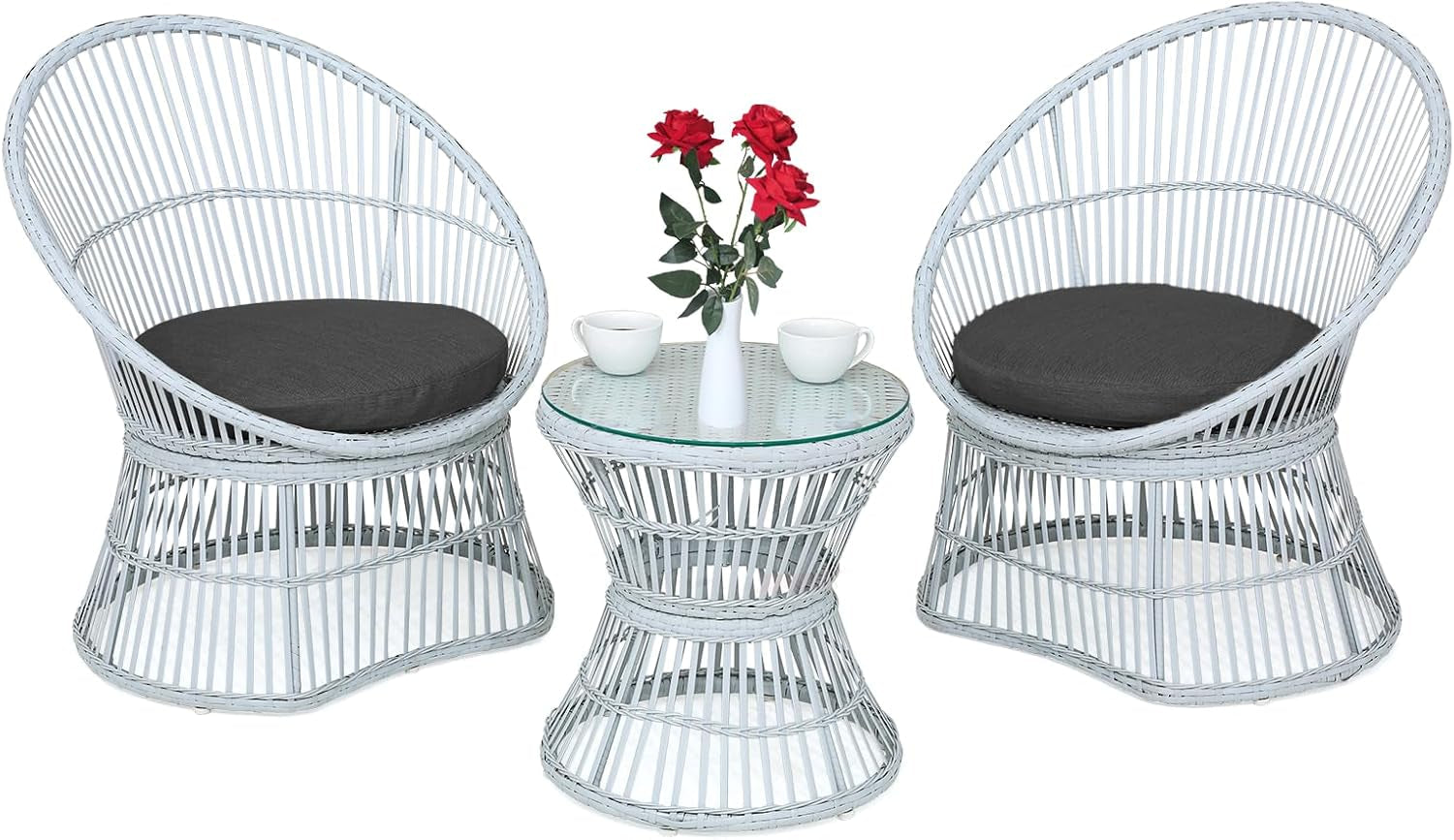 Outdoor Patio Furniture Set Wicker Bistro Set, 3 Piece Conversation Set All-Weather PE Rattan Chairs with Seat Cushions & Glass Table for Porch, Backyard, Black-0