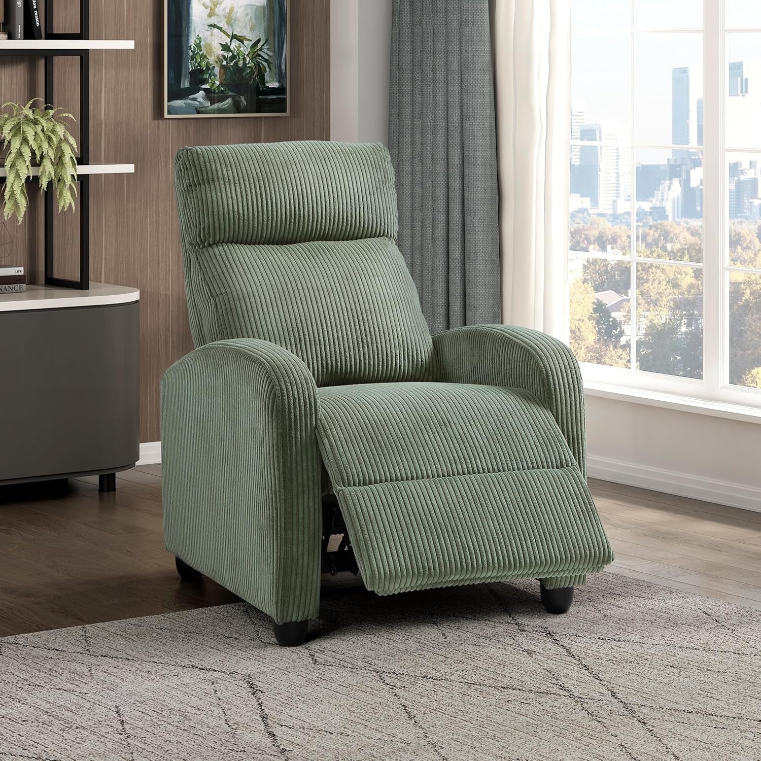 Pushback Recliner Chair Armchair Push Back Recliner, Corduroy Chair with Solid Wood Frame and Metal Seat Base, Single Sofa Accent Chair for Living Room/Office/Apartment, Green-0